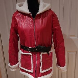Red Faux Leather Sherpa Lined Jacket with Belt. Size S